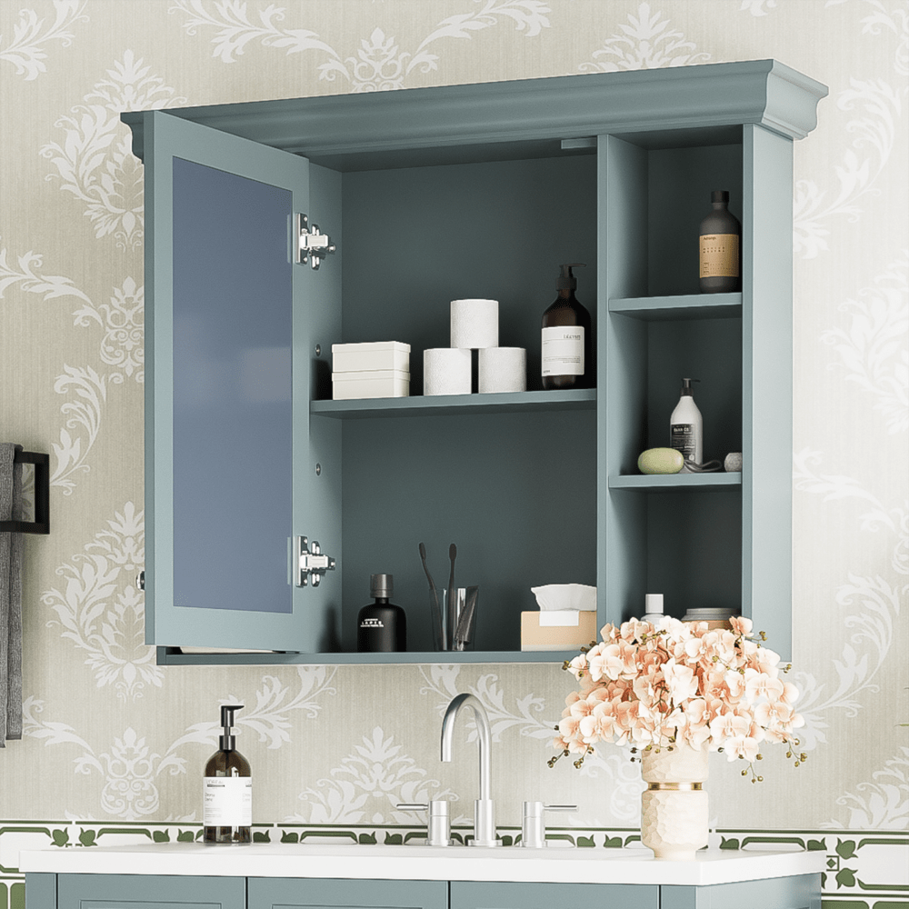Modern Wall Mounted Bathroom Cabinet with Mirror Door and 6 Open Shelves 35x28 Inches