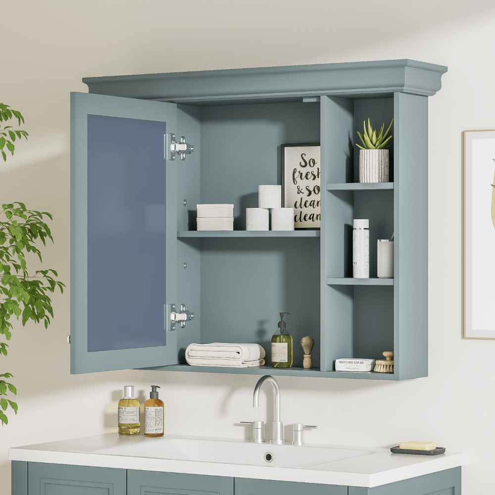 Modern Wall Mounted Bathroom Cabinet with Mirror Door and 6 Open Shelves 35x28 Inches
