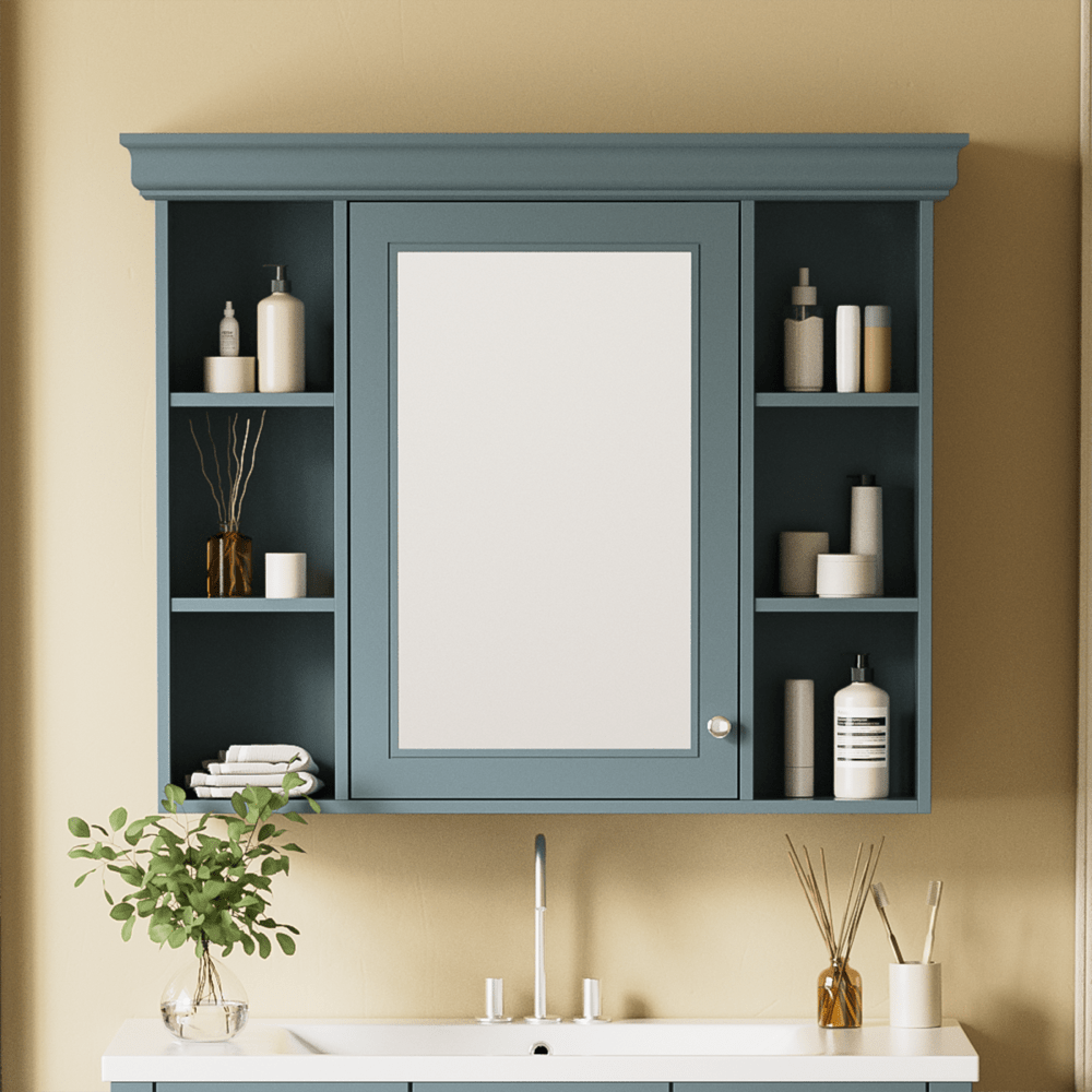 Modern Wall Mounted Bathroom Cabinet with Mirror Door and 6 Open Shelves 35x28 Inches