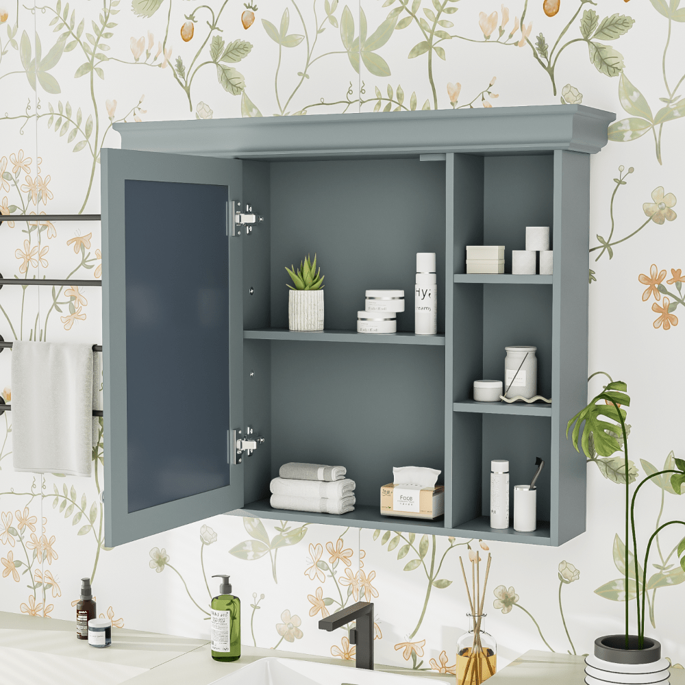 Modern Wall Mounted Bathroom Cabinet with Mirror Door and 6 Open Shelves 35x28 Inches