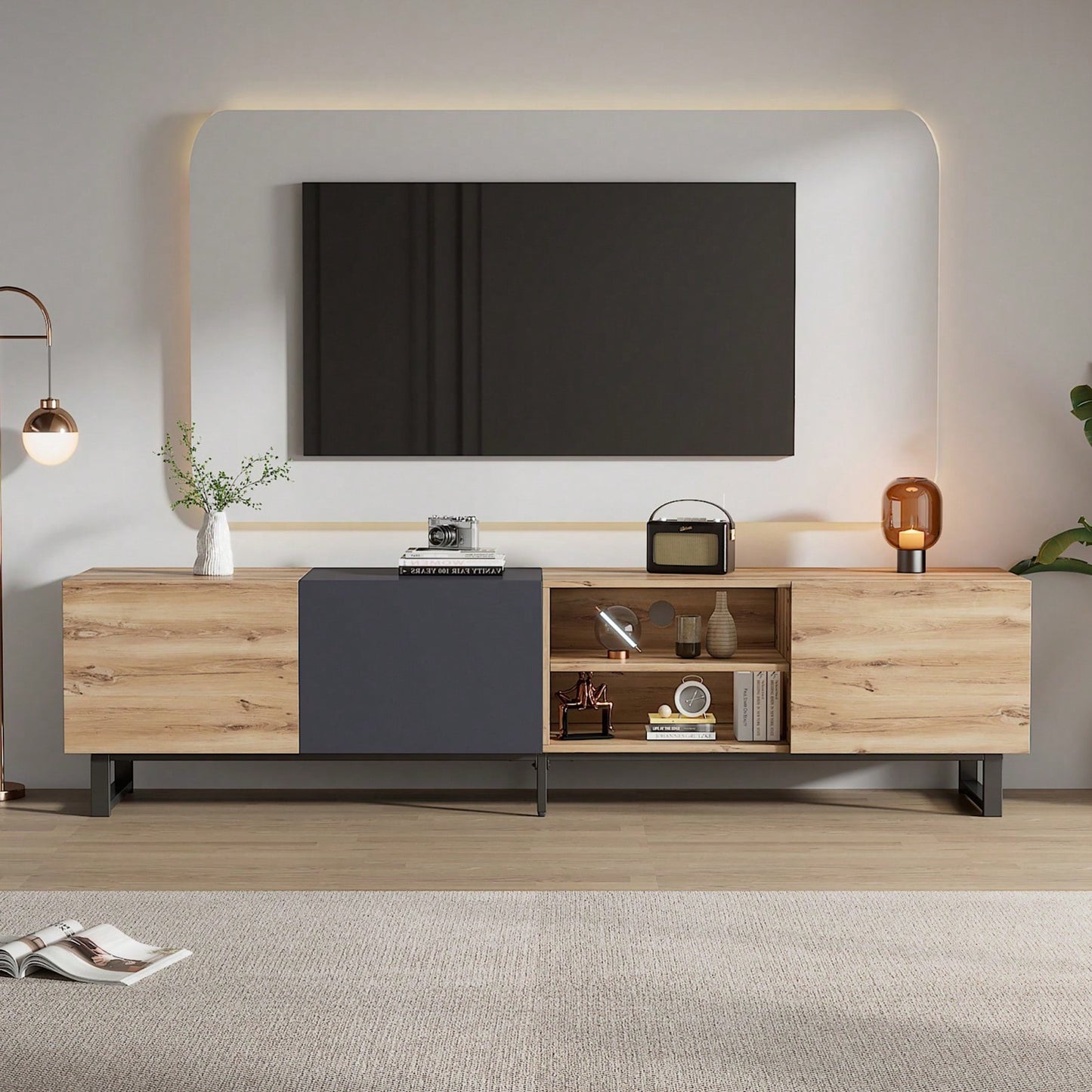 Spacious Modern TV Stand for 80 Inch TVs with Storage Cabinets and Open Shelves for Living Room and Bedroom