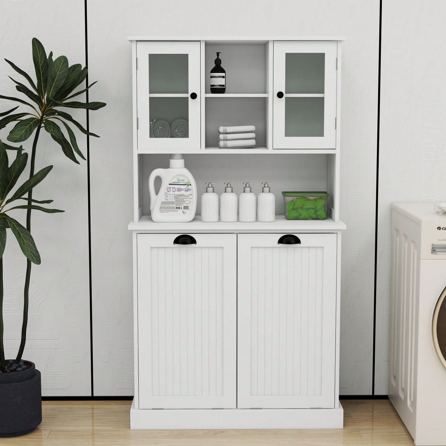 Tall Bathroom Cabinet With Tilt-Out Laundry Hamper, 2 Compartments, Adjustable Shelves, Space-Saving Storage For Towels, Toiletries - White