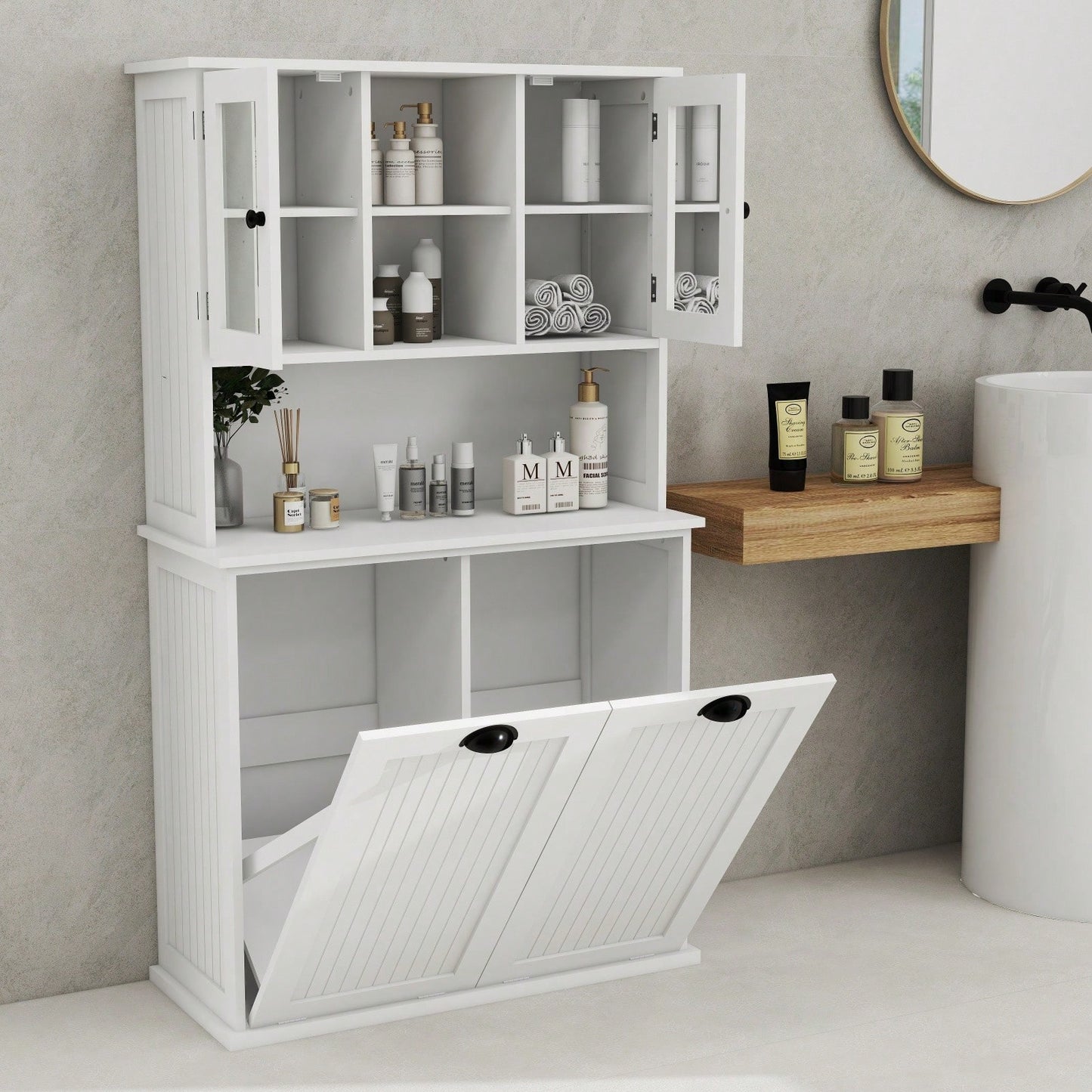 Tall Bathroom Cabinet With Tilt-Out Laundry Hamper, 2 Compartments, Adjustable Shelves, Space-Saving Storage For Towels, Toiletries - White