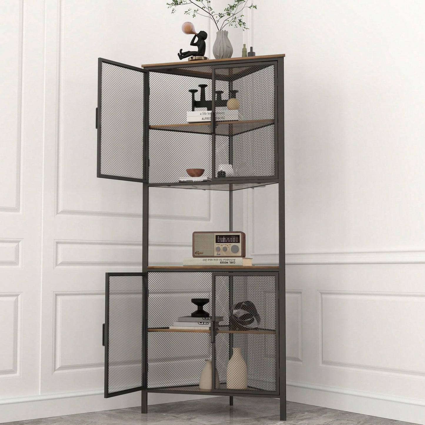 5-Tier Corner Shelf with Metal Mesh Door for Space-Saving Storage in Living Room and Home Office Sturdy Multifunctional Display Organizer