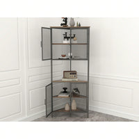 5-Tier Corner Shelf with Metal Mesh Door for Space-Saving Storage in Living Room and Home Office Sturdy Multifunctional Display Organizer