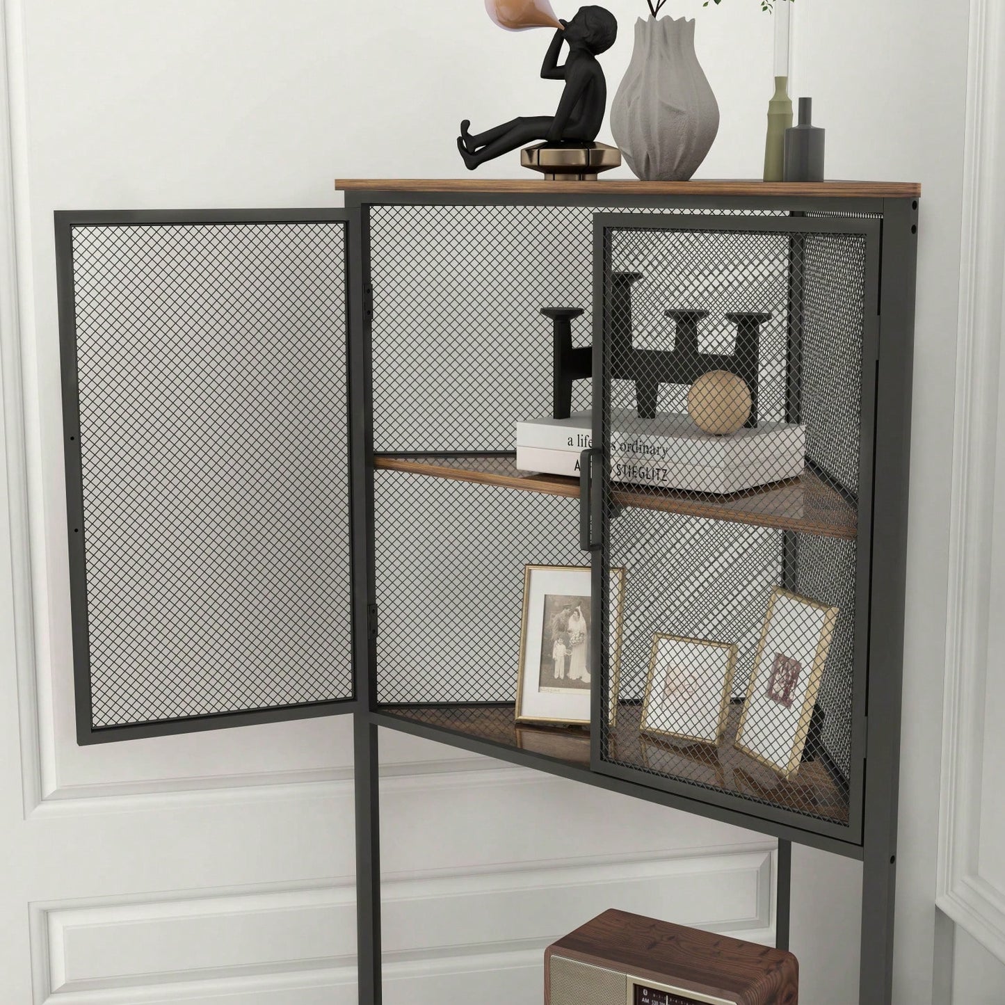 5-Tier Corner Shelf with Metal Mesh Door for Space-Saving Storage in Living Room and Home Office Sturdy Multifunctional Display Organizer