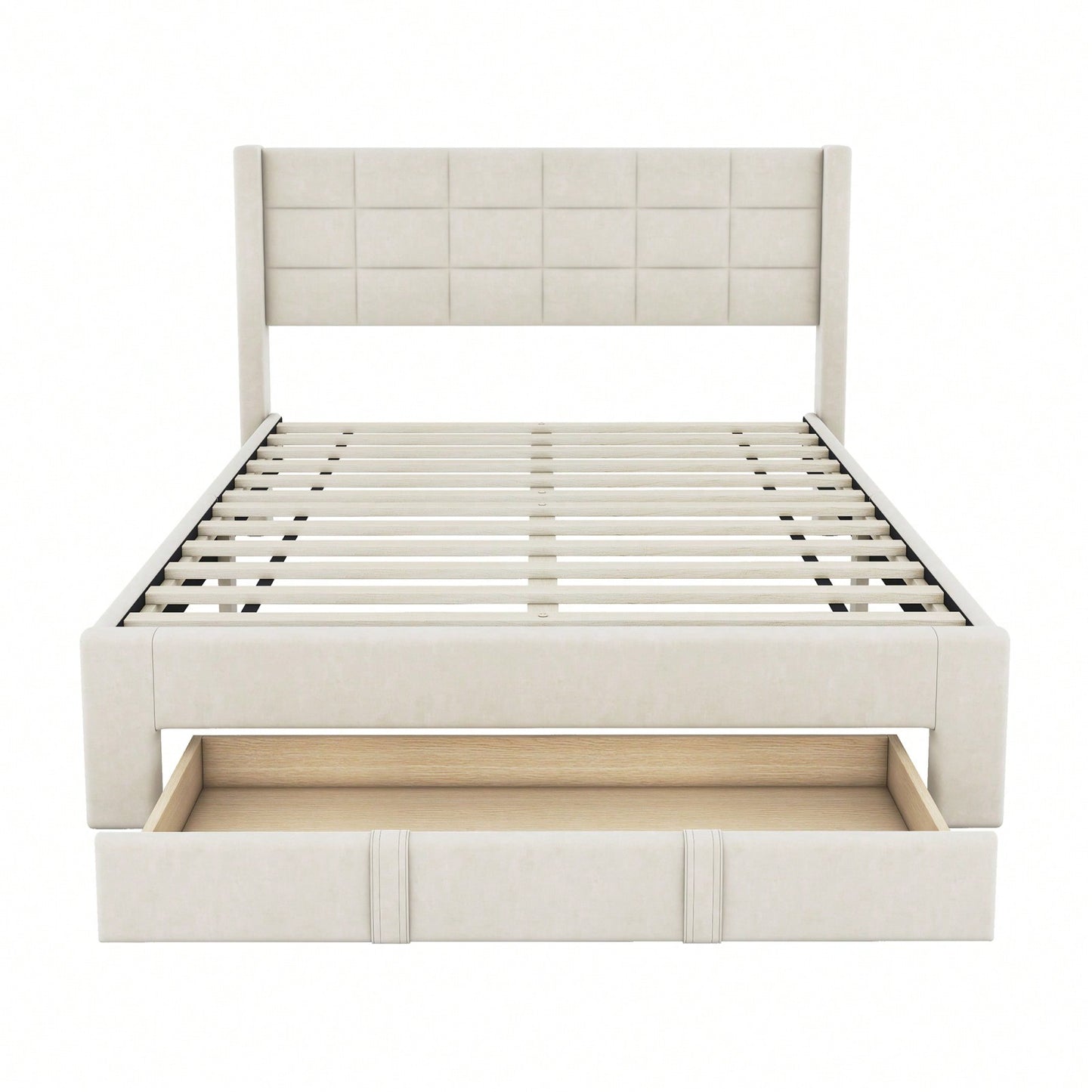 Queen Size Upholstered Platform Bed Frame With Storage Drawer, Slat Support, Under Bed Storage, No Box Spring Needed, Easy Assembly