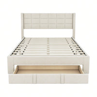 Queen Size Upholstered Platform Bed Frame With Storage Drawer, Slat Support, Under Bed Storage, No Box Spring Needed, Easy Assembly