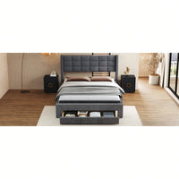 Queen Size Upholstered Platform Bed Frame With Storage Drawer, Slat Support, Under Bed Storage, No Box Spring Needed, Easy Assembly