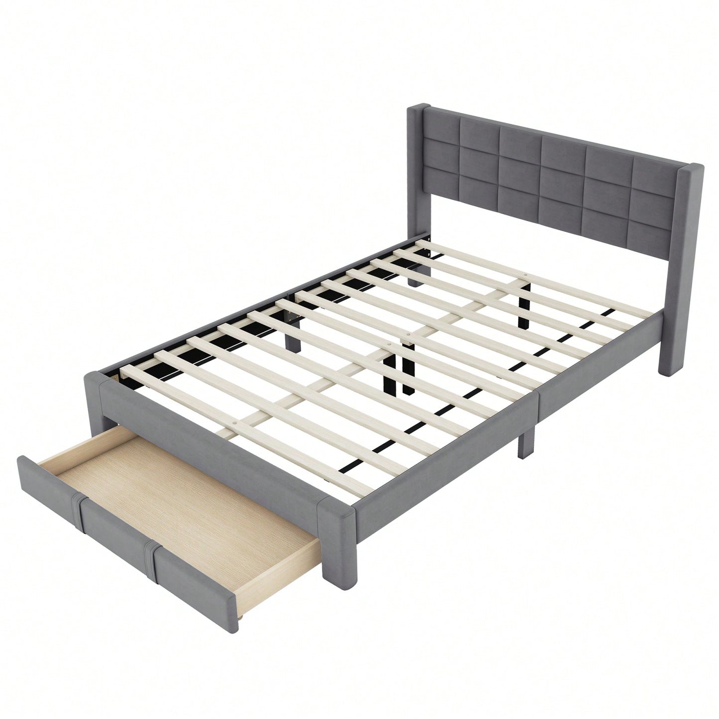 Queen Size Upholstered Platform Bed Frame With Storage Drawer, Slat Support, Under Bed Storage, No Box Spring Needed, Easy Assembly