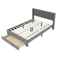 Queen Size Upholstered Platform Bed Frame With Storage Drawer, Slat Support, Under Bed Storage, No Box Spring Needed, Easy Assembly