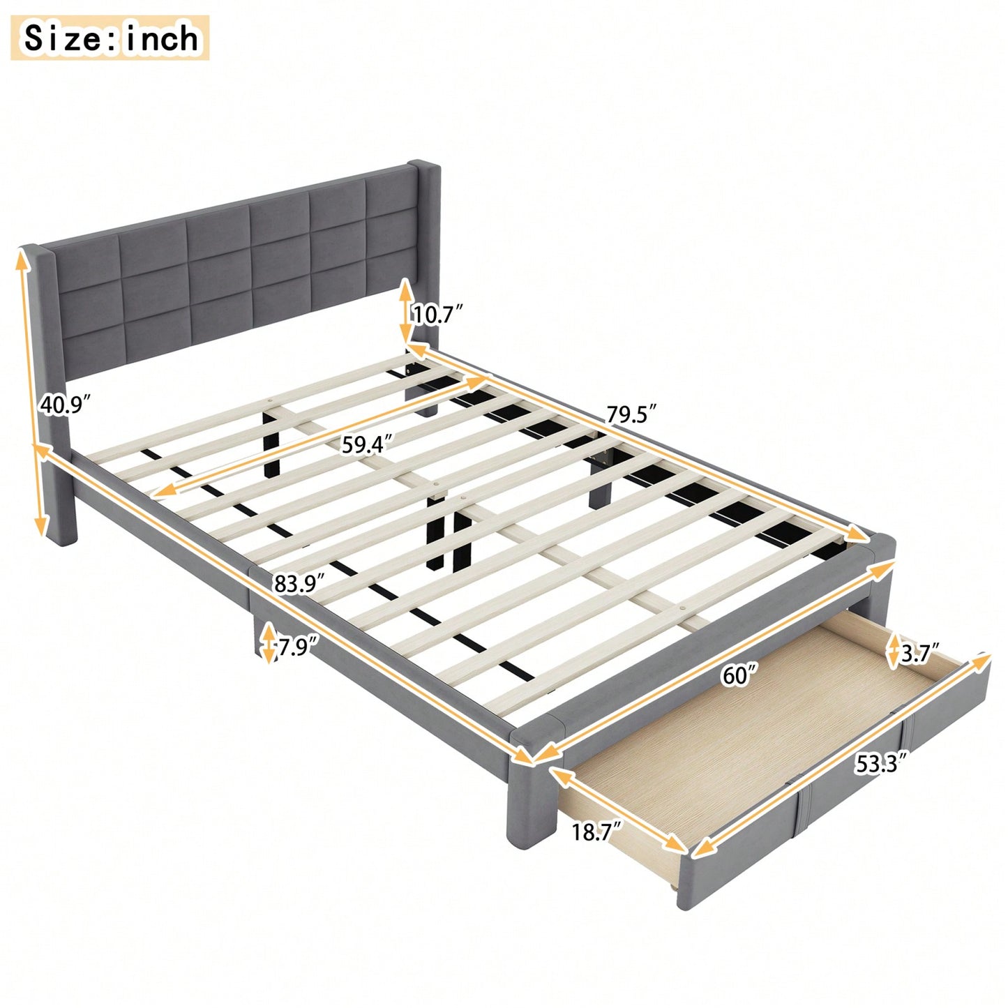 Queen Size Upholstered Platform Bed Frame With Storage Drawer, Slat Support, Under Bed Storage, No Box Spring Needed, Easy Assembly