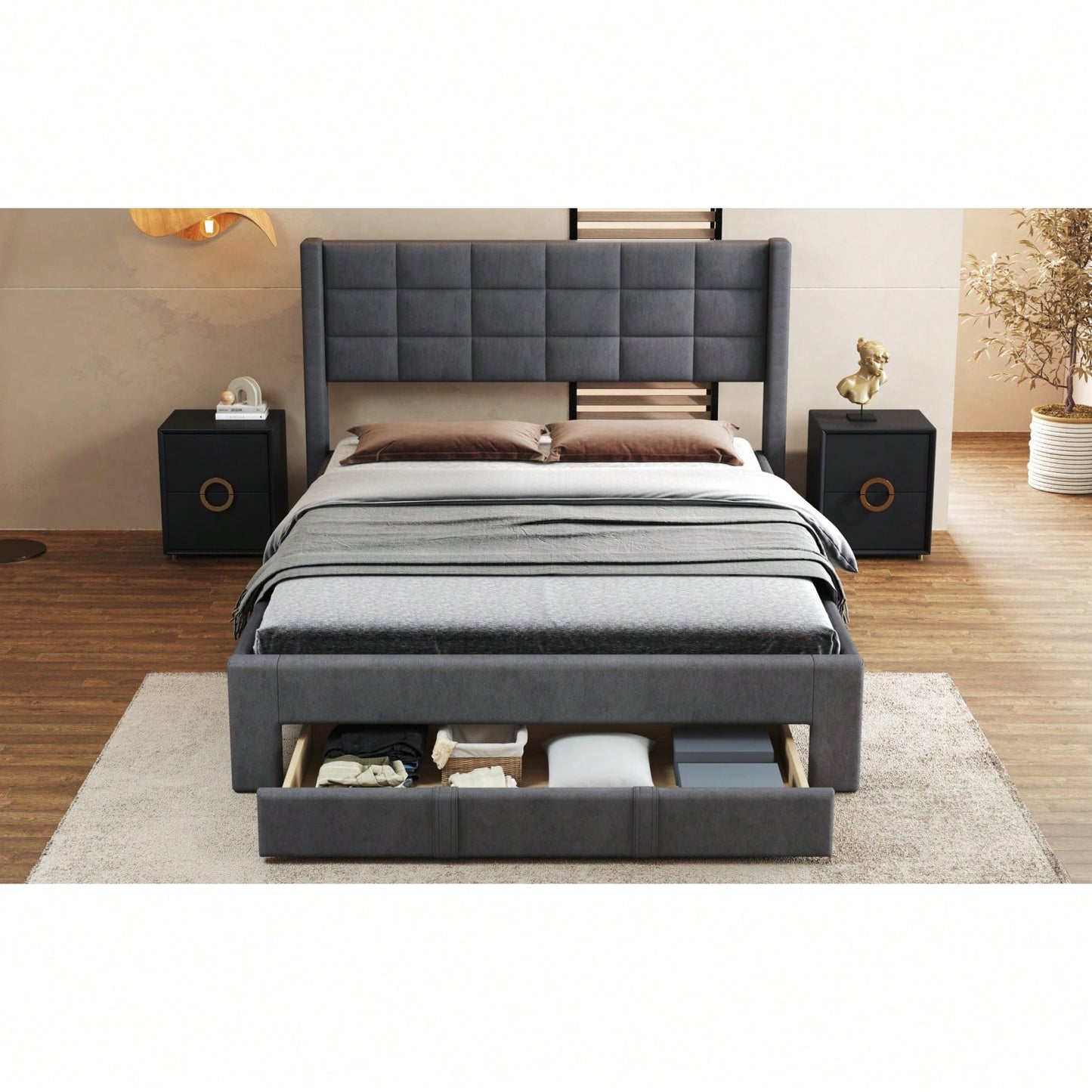 Queen Size Upholstered Platform Bed Frame With Storage Drawer, Slat Support, Under Bed Storage, No Box Spring Needed, Easy Assembly