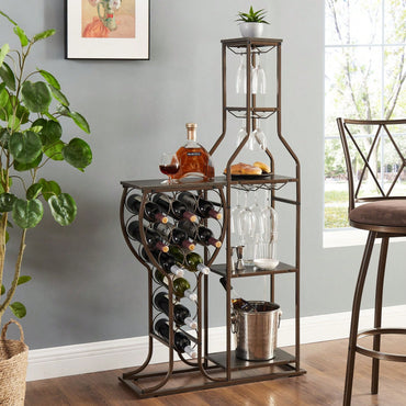 5 Tier Freestanding Wine Rack with Glass Holder and Storage Shelves for Home Bar and Liquor Organization