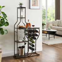5 Tier Freestanding Wine Rack with Glass Holder and Storage Shelves for Home Bar and Liquor Organization