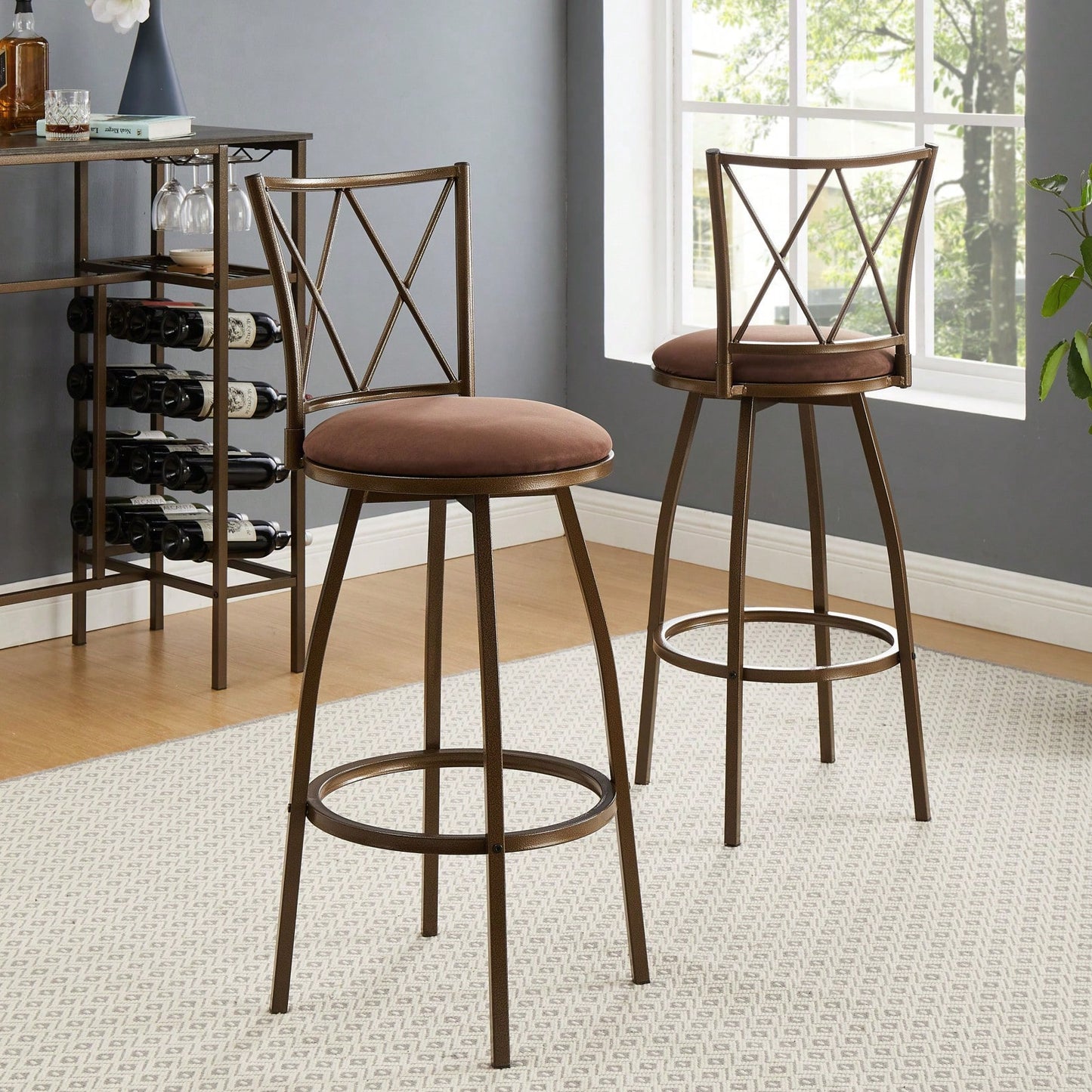 Rustic Farmhouse Bar Stools Set of 2 with Padded Seat and Footrest Sturdy Metal Frame for Kitchen Island Counter Bar Brown