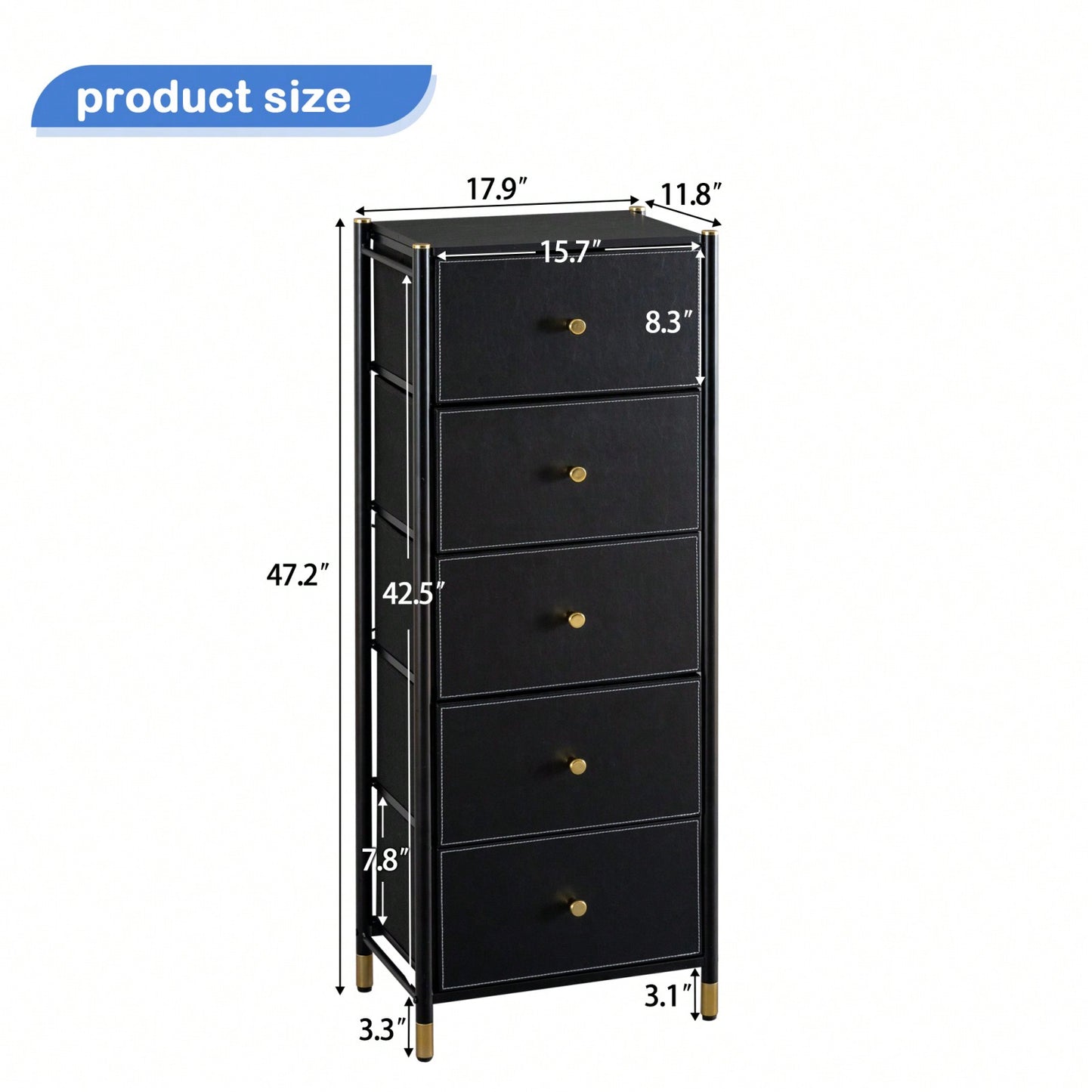 Tall 5 Drawer Dresser with PU Leather and Fabric Bins for Bedroom Storage Organizer Unit in Black