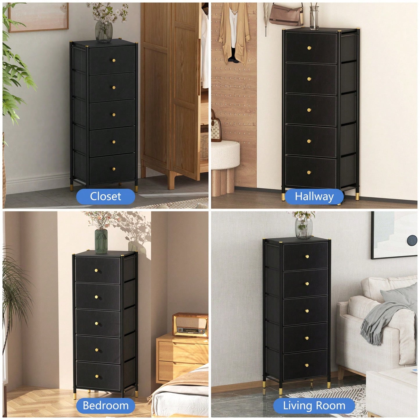 Tall 5 Drawer Dresser with PU Leather and Fabric Bins for Bedroom Storage Organizer Unit in Black