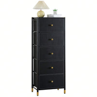 Tall 5 Drawer Dresser with PU Leather and Fabric Bins for Bedroom Storage Organizer Unit in Black