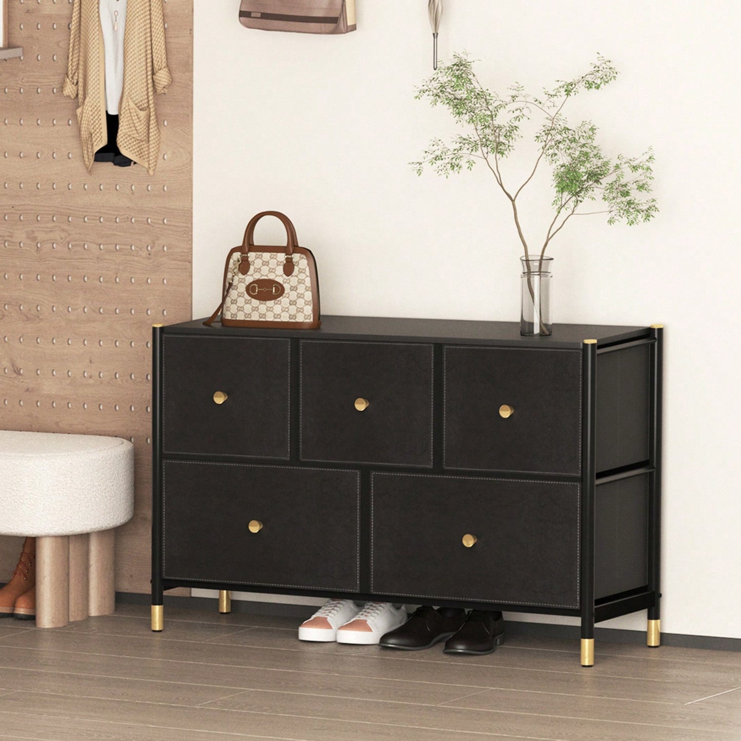 Stylish 5 Drawer Storage Tower with PU Leather Bins for Bedroom and Living Room - Sturdy Metal Frame and Wood Top - Easy Assembly Black