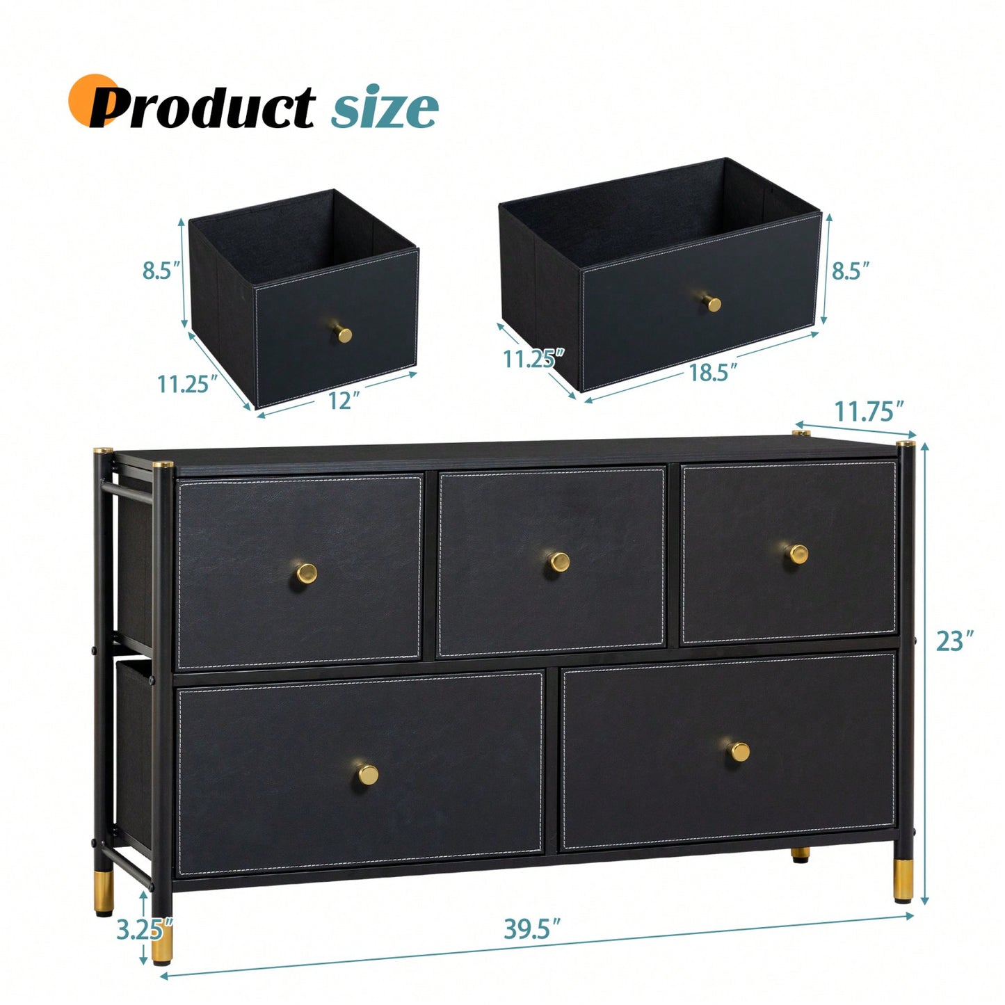 Stylish 5 Drawer Storage Tower with PU Leather Bins for Bedroom and Living Room - Sturdy Metal Frame and Wood Top - Easy Assembly Black