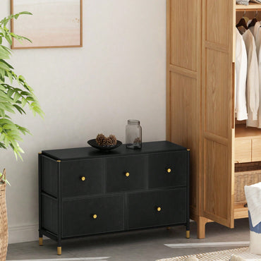 Stylish 5 Drawer Storage Tower with PU Leather Bins for Bedroom and Living Room - Sturdy Metal Frame and Wood Top - Easy Assembly Black