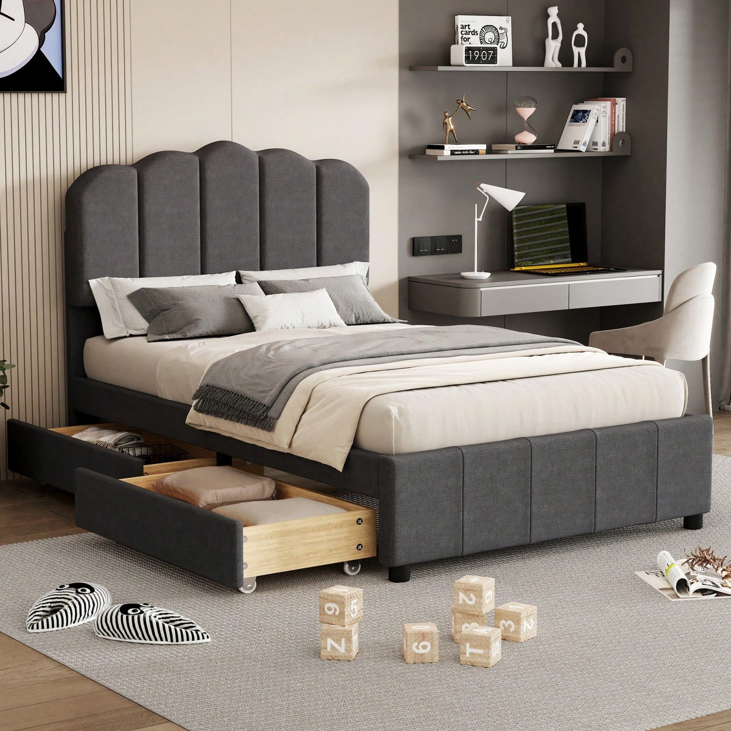 Twin Size Platform Bed Frame With Storage Drawers, Upholstered Linen Headboard And Wood Slat Support, Easy Assembly