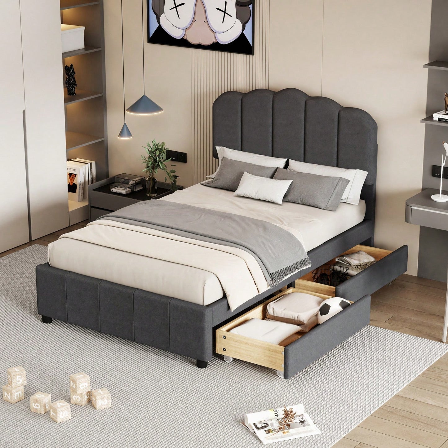 Twin Size Platform Bed Frame With Storage Drawers, Upholstered Linen Headboard And Wood Slat Support, Easy Assembly