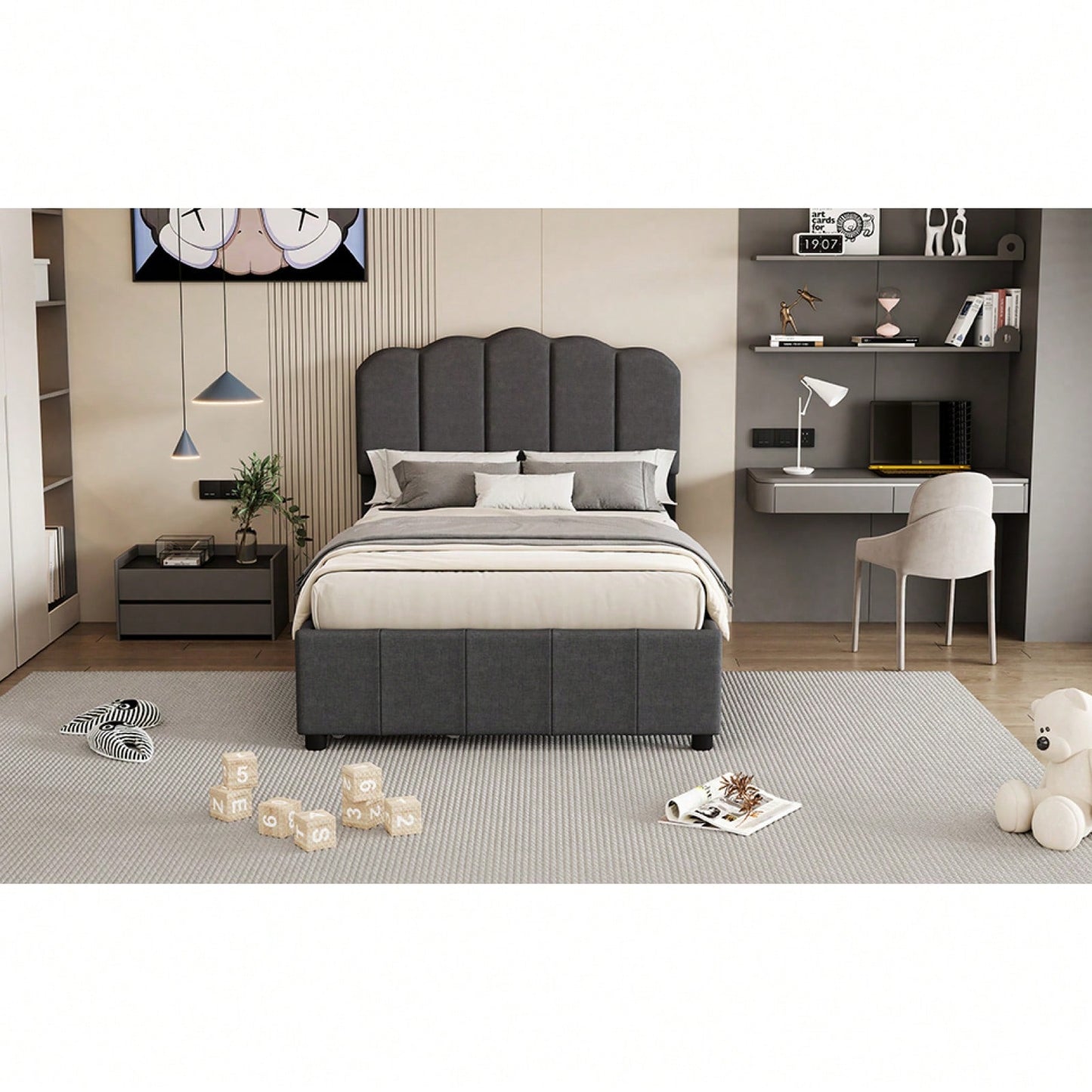 Twin Size Platform Bed Frame With Storage Drawers, Upholstered Linen Headboard And Wood Slat Support, Easy Assembly