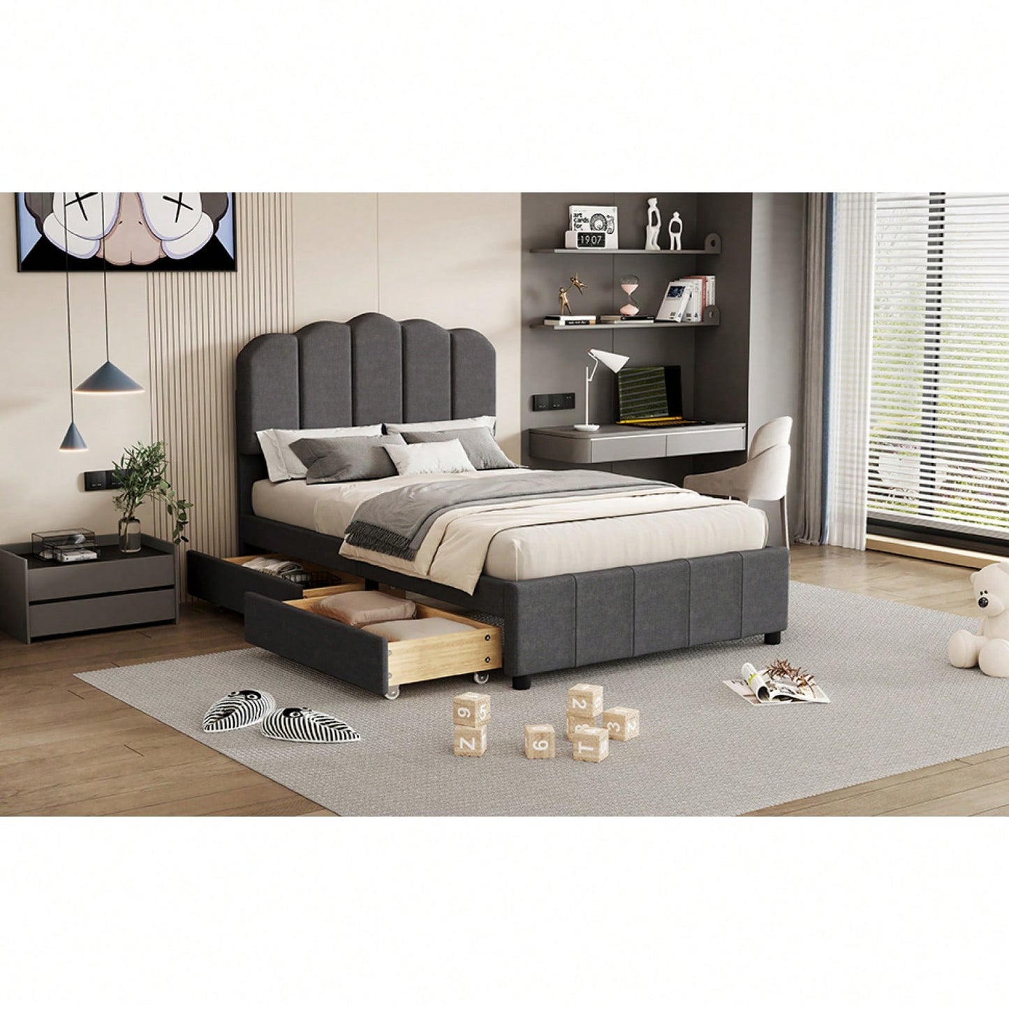 Twin Size Platform Bed Frame With Storage Drawers, Upholstered Linen Headboard And Wood Slat Support, Easy Assembly