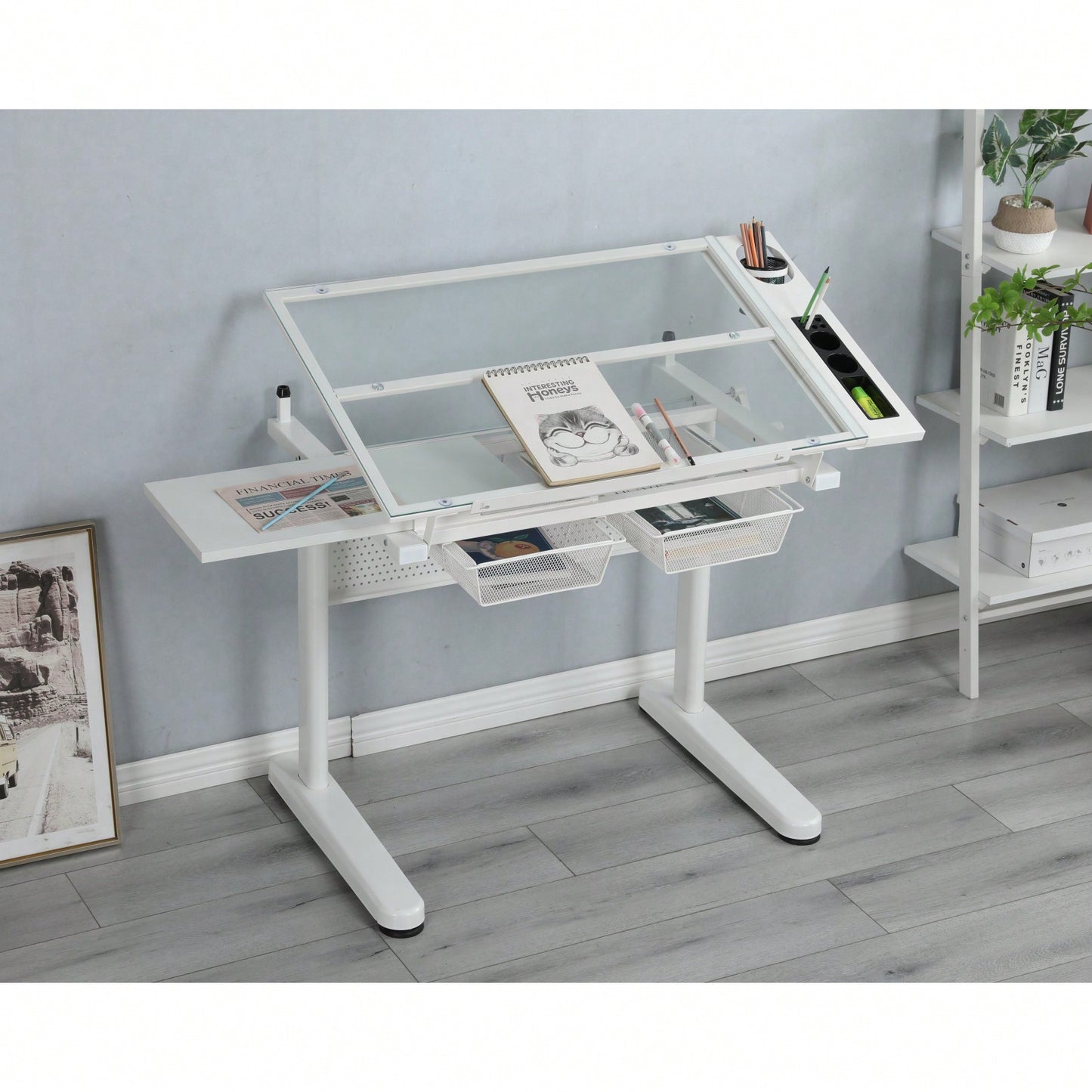 Adjustable Drafting Table with Glass Top and Stool Hand Crank Height Adjustment 75-120cm 2 Drawers Extended Side Desk