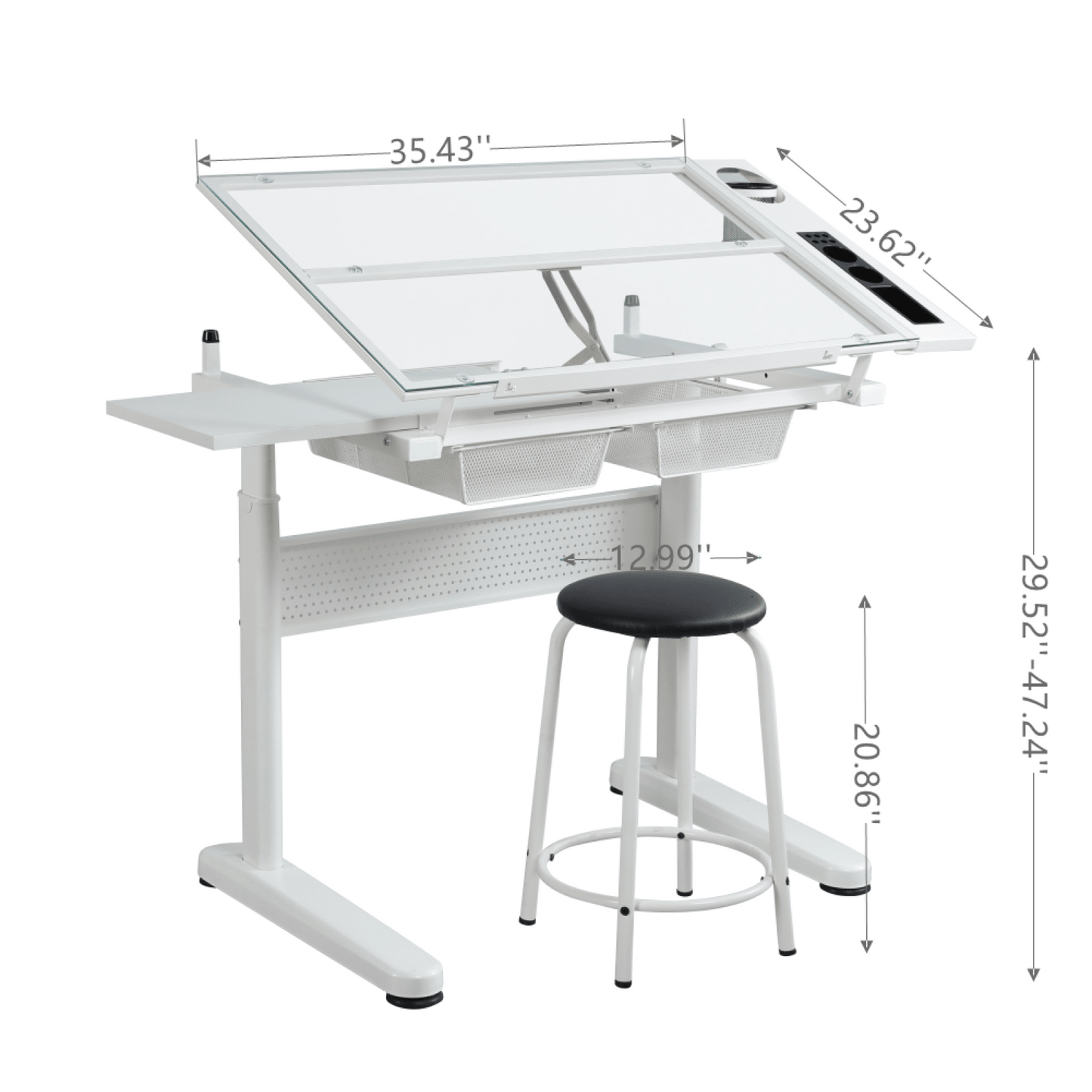 Adjustable Drafting Table with Glass Top and Stool Hand Crank Height Adjustment 75-120cm 2 Drawers Extended Side Desk