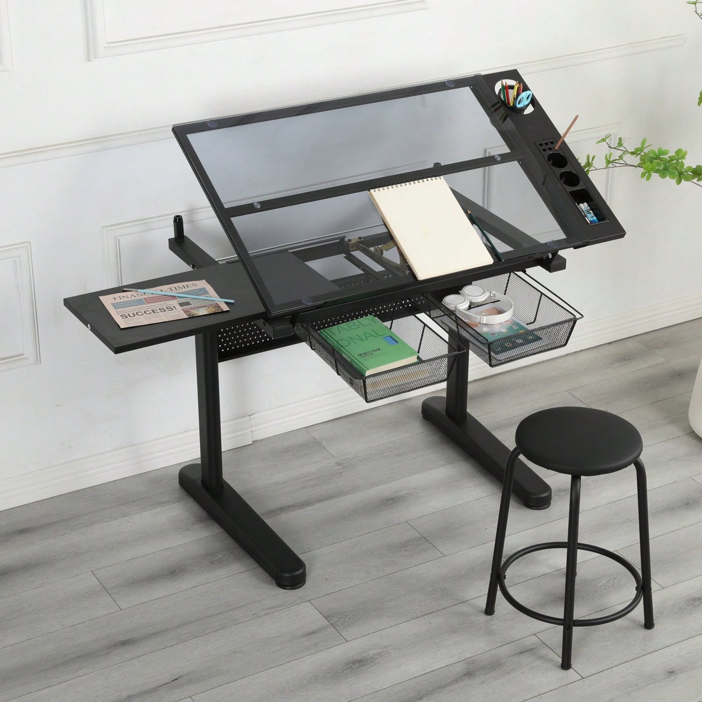 Adjustable Drafting Table with Glass Top and Stool Hand Crank Height Adjustment 75-120cm 2 Drawers Extended Side Desk