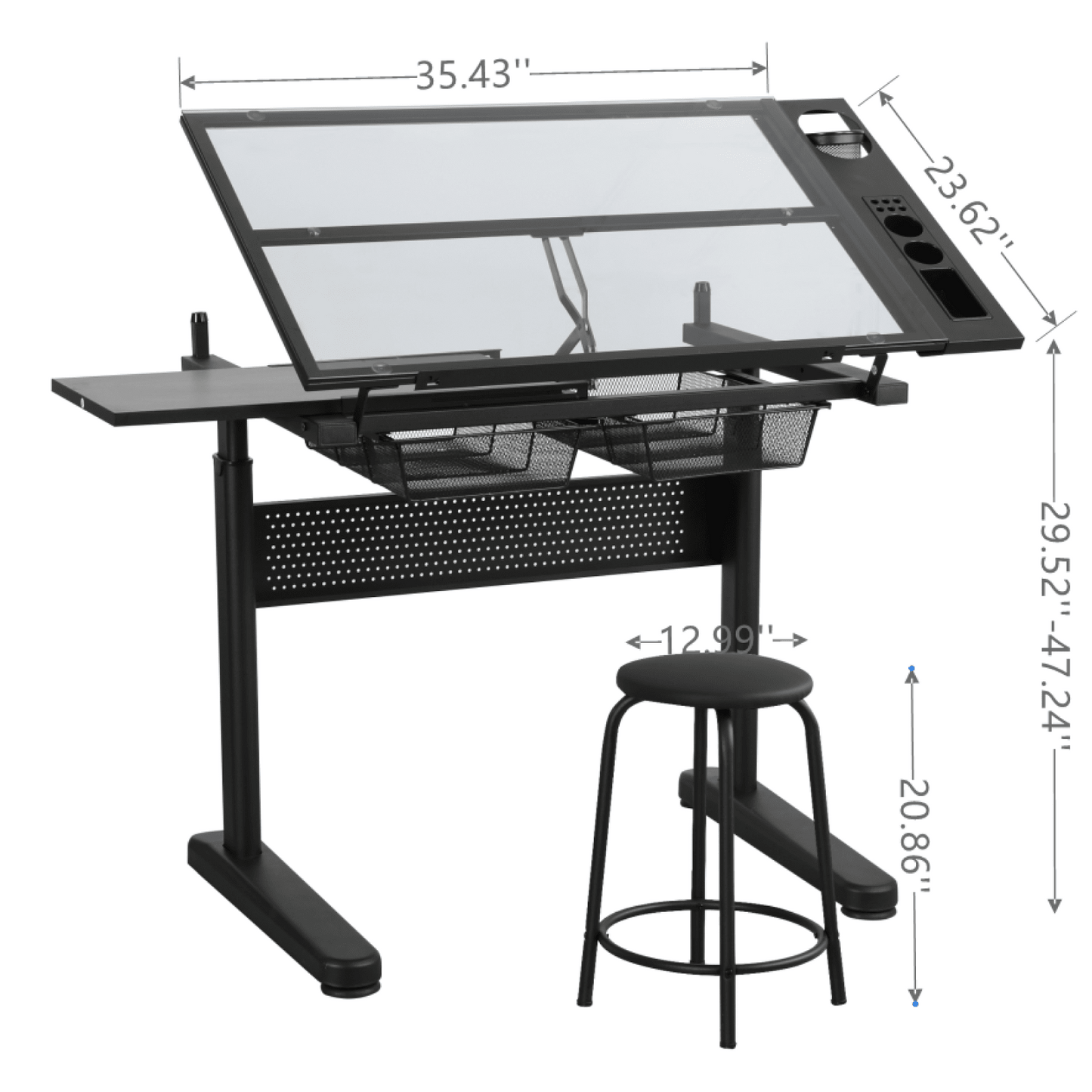 Adjustable Drafting Table with Glass Top and Stool Hand Crank Height Adjustment 75-120cm 2 Drawers Extended Side Desk