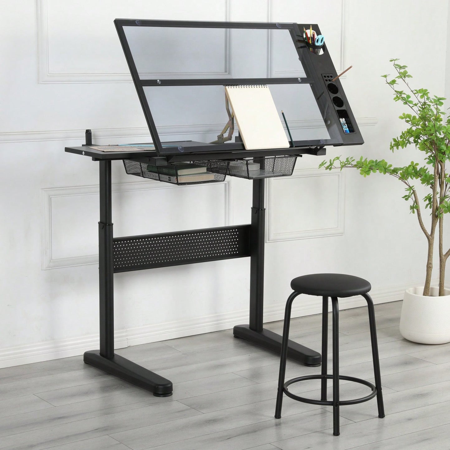 Adjustable Drafting Table with Glass Top and Stool Hand Crank Height Adjustment 75-120cm 2 Drawers Extended Side Desk