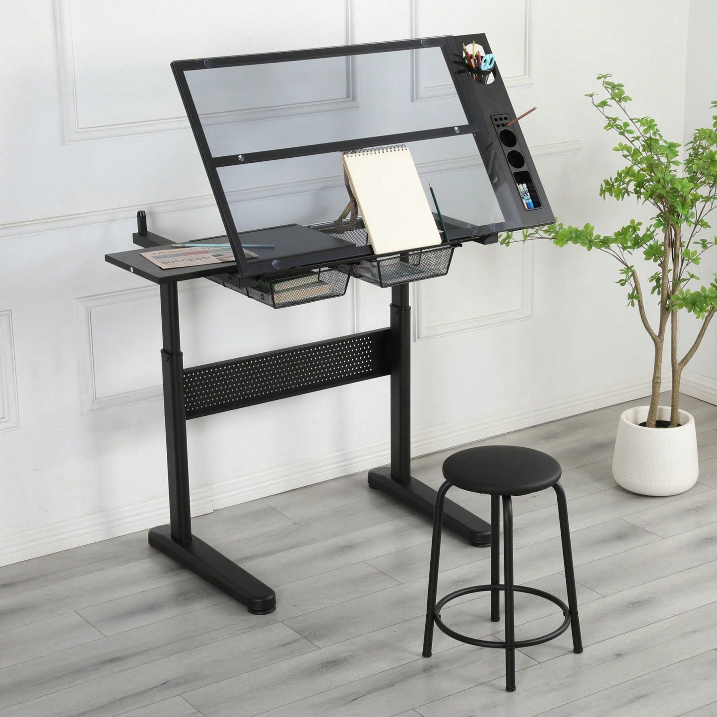 Adjustable Drafting Table with Glass Top and Stool Hand Crank Height Adjustment 75-120cm 2 Drawers Extended Side Desk