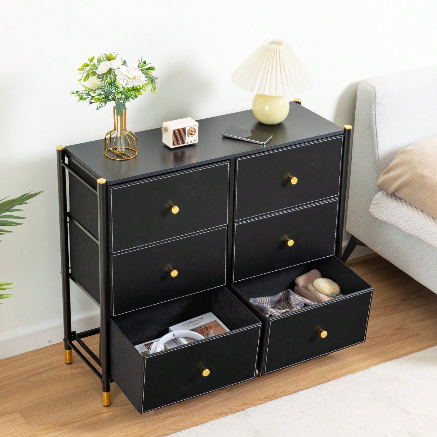 Tall Dresser With 6 PU Leather Drawers, Storage Tower With Fabric Bins, Double Dresser For Bedroom, Closet, Living Room, Hallway - Black