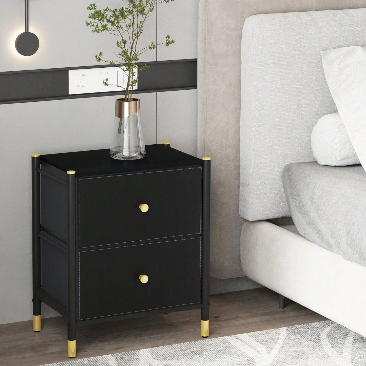 Compact 2 Drawer Nightstand with PU Leather Bins Stylish Bedside Table for Bedroom and Living Room Black 18 Inch