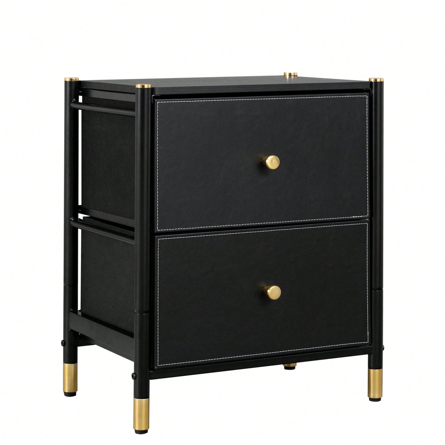 Compact 2 Drawer Nightstand with PU Leather Bins Stylish Bedside Table for Bedroom and Living Room Black 18 Inch