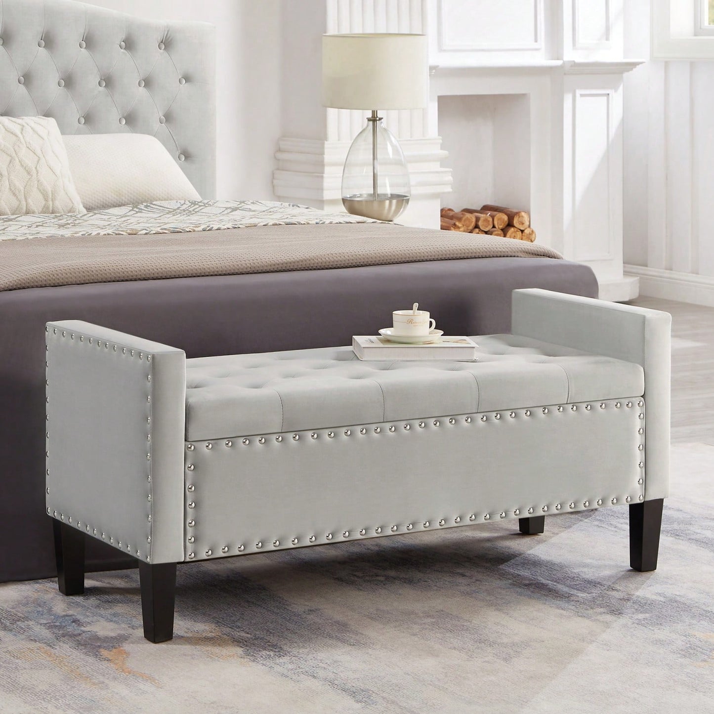 Upholstered Tufted Button Storage Bench With Nail Trim