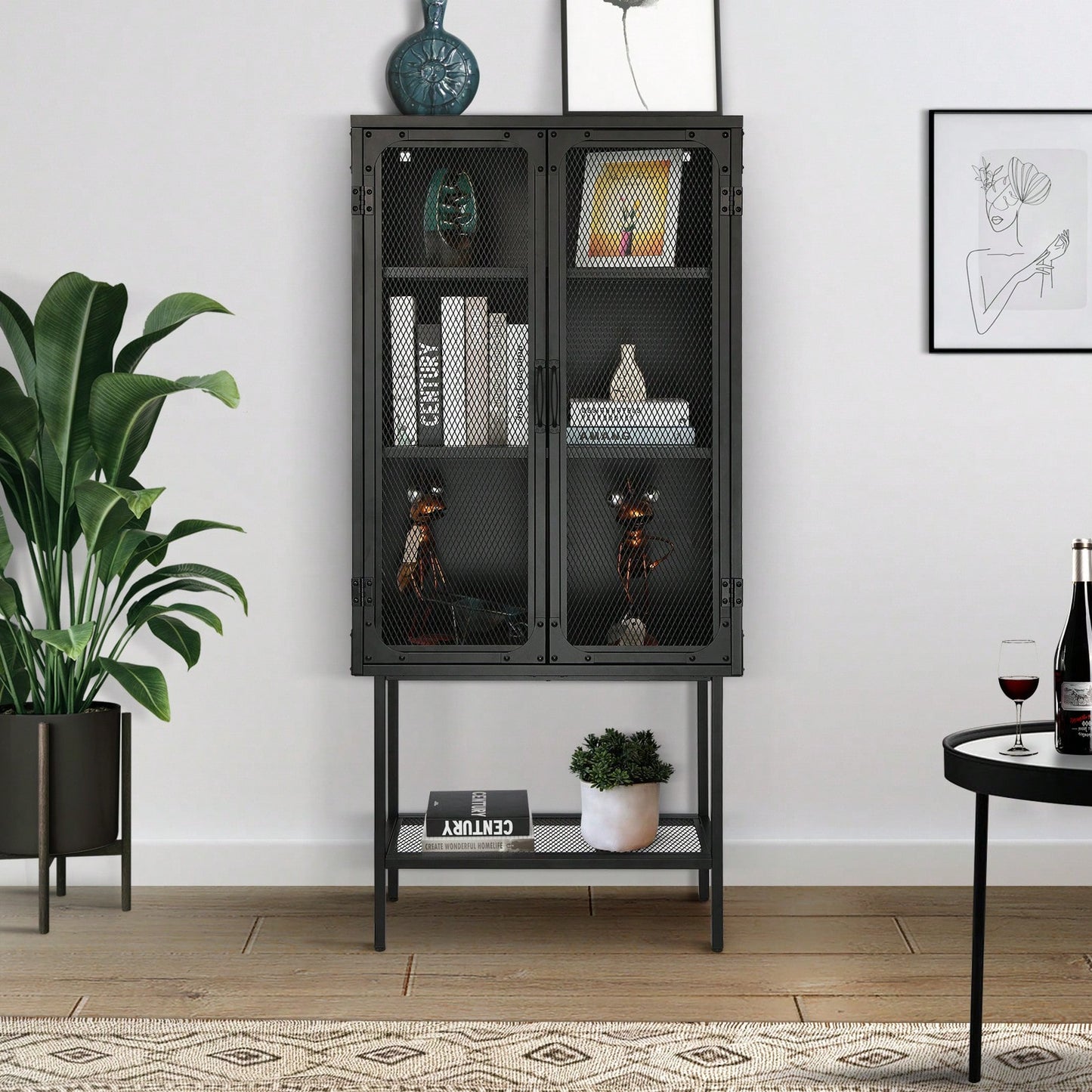 Industrial Black Cabinet with Metal Mesh Doors Adjustable Shelves Anti-Tip Kitchen Sideboard Dust-Free Storage