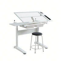 Hand Crank Adjustable Drafting Table Drawing Desk With 2 Metal Drawers With Stool