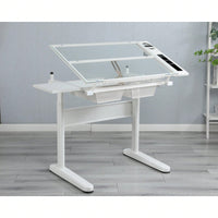 Hand Crank Adjustable Drafting Table Drawing Desk With 2 Metal Drawers With Stool