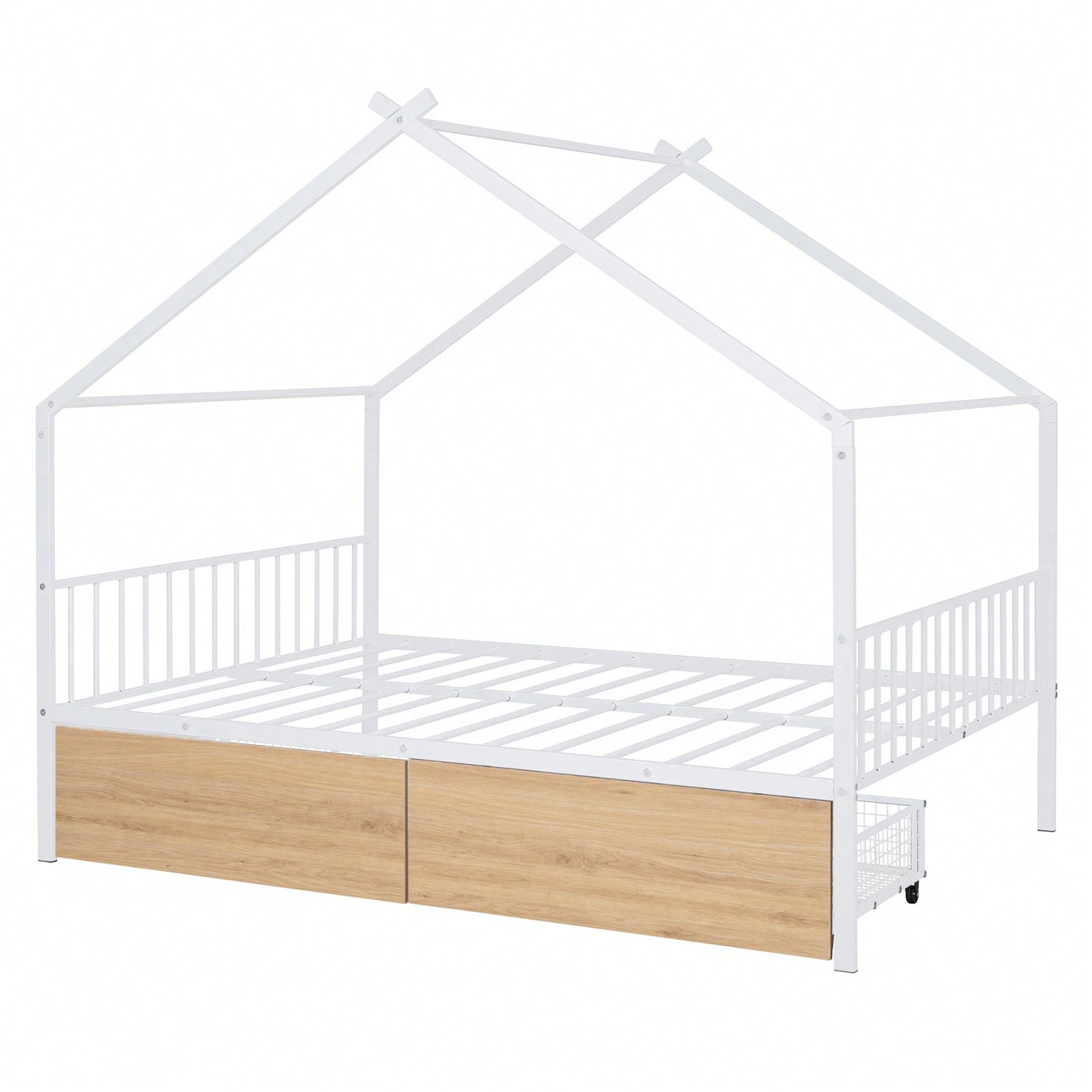 Full Size Metal House Bed With Two Drawers