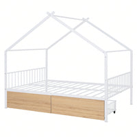 Full Size Metal House Bed With Two Drawers