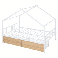 Full Size Metal House Bed With Two Drawers