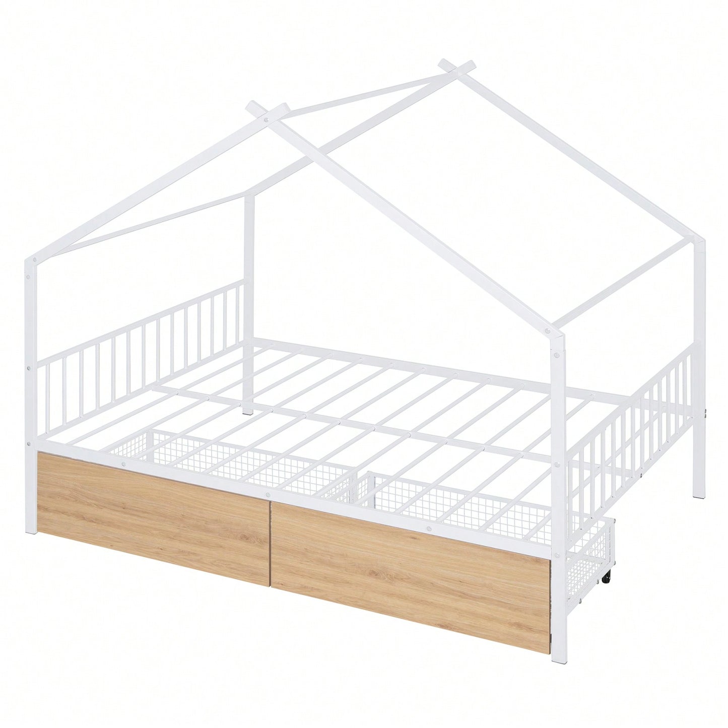 Full Size Metal House Bed With Two Drawers