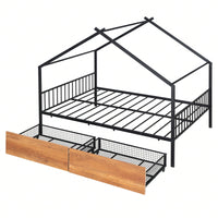 Full Size Metal House Bed With Two Drawers