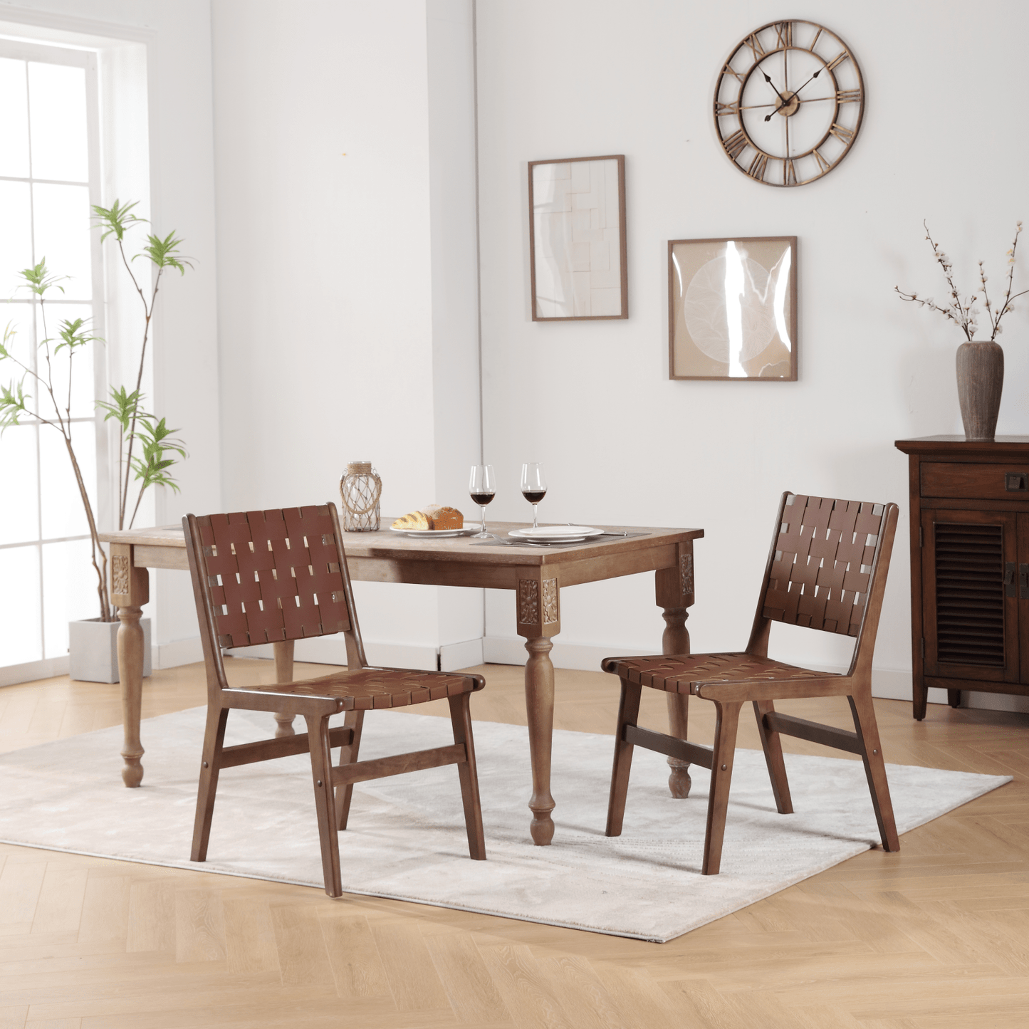 Saddle Leather Woven Dining Chair, Solid Wood Legs, Suitable For Dining And Living Room