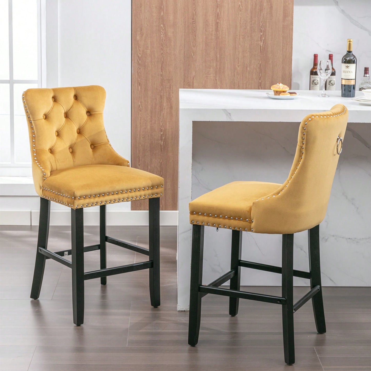 Velvet Upholstered Barstools Set of 2 with Button Tufting Wooden Legs and Chrome Nailhead Trim